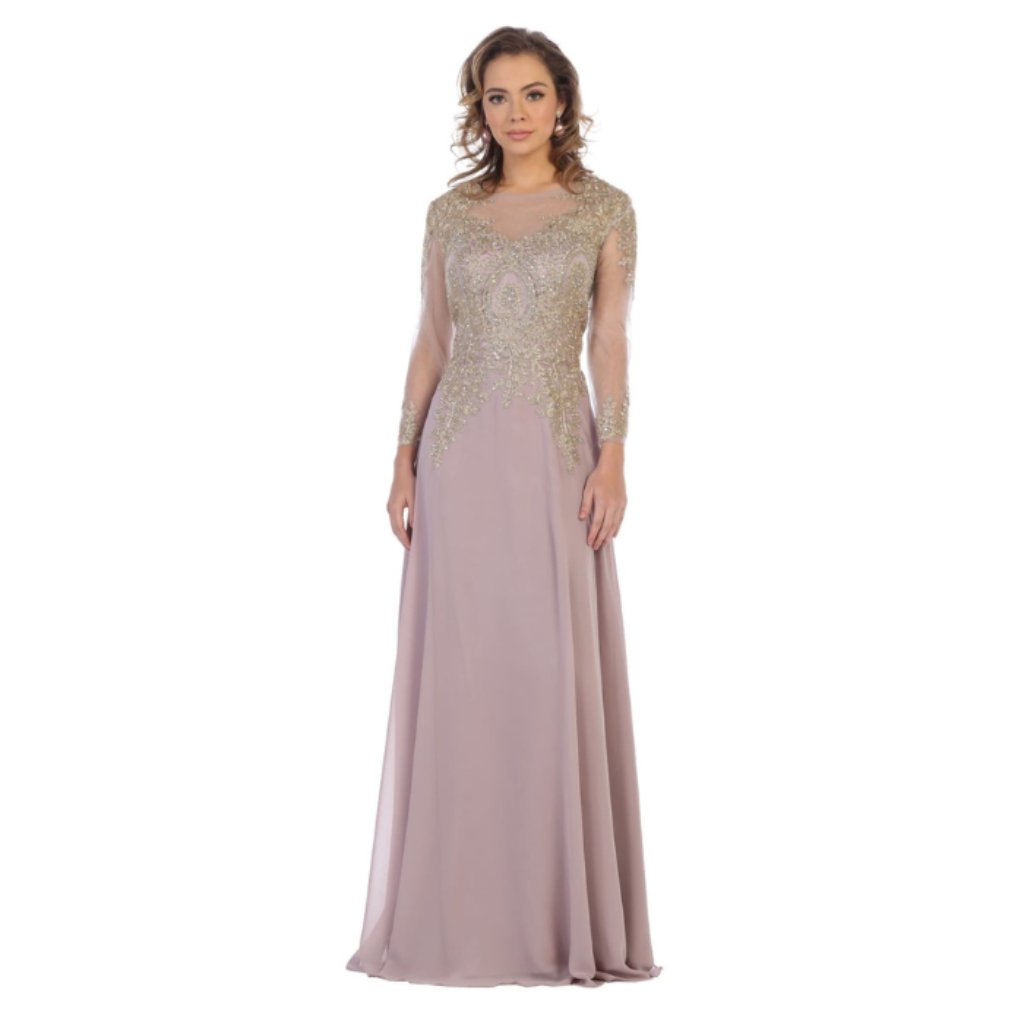 Mauve/Gold Evening Long Boat Neck 3/4 Sleeve A-Line Dress By May Queen Mq1549